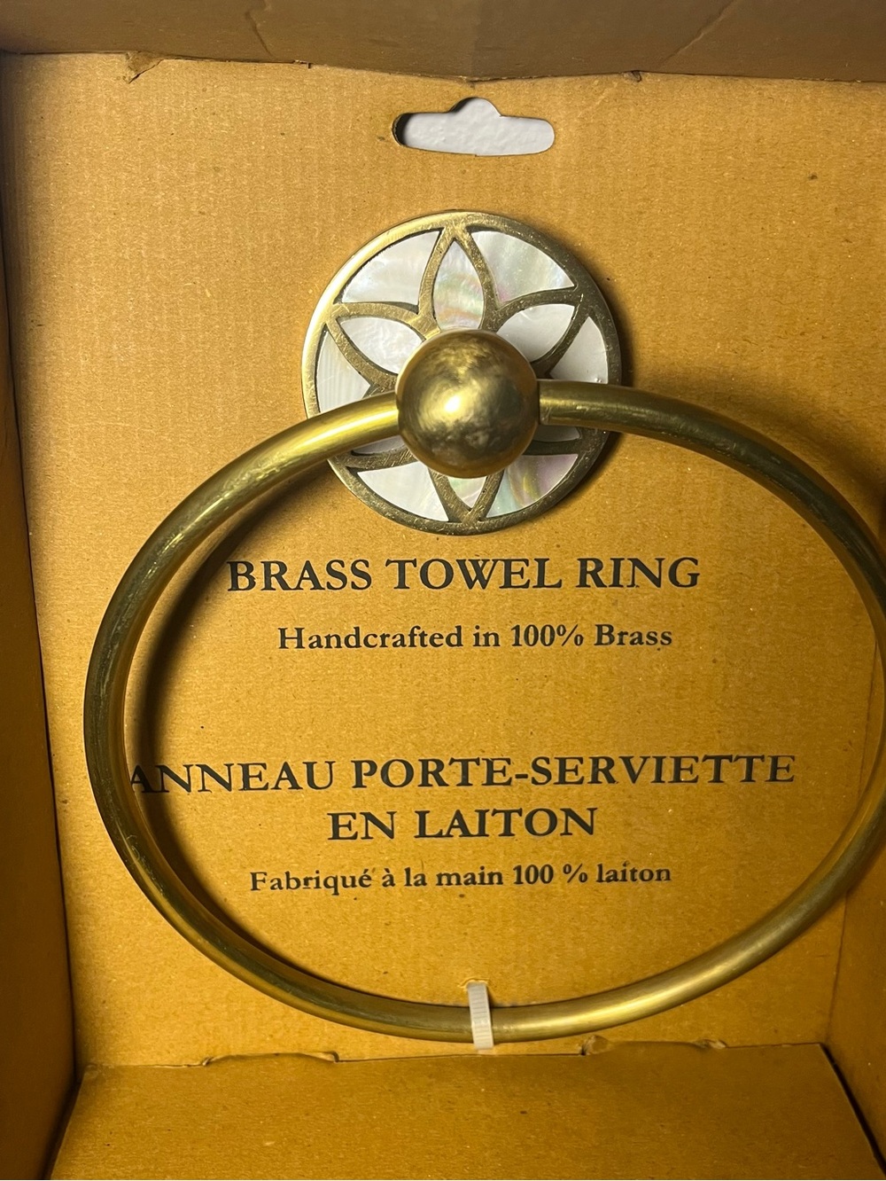 Golden Brass Towel Ring with Floral white Mother of Pearl Wall Mount